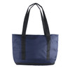 A navy blue expandable cooler bag with black handles, designed to hold 25-50 cans. It features a simple, functional design.