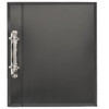 A black two-ring binder with a silver metal mechanism on the left side and a plain exterior.