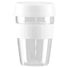 A drink bottle made of clear plastic with a white lid and band, featuring a stylish design.