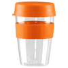 A drink bottle with a clear body, orange lid, and an orange silicone band. It has a logo on the side.