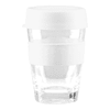 A drink cup with a clear glass body, white silicone sleeve, and white lid, designed for reusable coffee use.