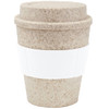 A drink bottle featuring a speckled beige design with a white silicone band and lid, ideal for reusable coffee.