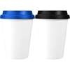 Two insulated tumblers, one with a blue lid and the other with a black lid, both featuring a white body and a logo.
