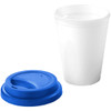 A drink tumbler with a white insulated cup and a blue lid, featuring a logo.