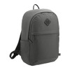 A dark grey backpack made from Repreve recycled material, featuring a front pocket and adjustable straps.