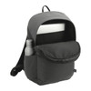 A black computer backpack made from recycled material, featuring a front pocket and a drink bottle in an exterior side pocket.