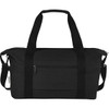 A black recycled canvas sports bag with dual handles and an adjustable shoulder strap. It features a front zip pocket.