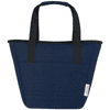 A navy blue cooler tote bag with black handles and a side pocket, featuring a logo.