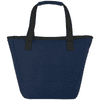 A navy cooler tote bag with black trim and dual handles. It features a logo on the front.