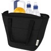 A black cooler tote with two water bottles and an orange inside, featuring a logo on the side.