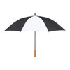 A black and white recycled golf umbrella with a wooden handle and a central support structure.