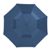 A navy blue, recycled golf umbrella featuring an octagonal shape and a central opening mechanism. It has a logo.