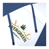 A recycled golf umbrella in navy blue and white with a branding logo featuring trees and antlers.