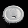 A drink bottle lid made of polished stainless steel, featuring a logo and recycling symbol.