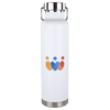 A drink bottle featuring a white body with a stainless steel lid and base, and a multicoloured logo.