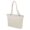 A light beige recycled zip tote bag with long handles and a zip closure. Features a logo on the side.