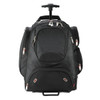 A black wheeled backpack with multiple compartments and a retractable handle. Features a logo on the front.