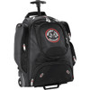 A black wheeled backpack with multiple compartments and a retractable handle, featuring a round logo on the front.