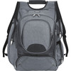 A grey, checkpoint-friendly compu-backpack with multiple zippered pockets and mesh side compartments. It has a logo.