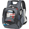 A grey and black checkpoint-friendly backpack with multiple compartments for tech and stationery items. It features a logo.