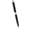 A black dual ballpoint stylus pen with a silver band and a clip for easy attachment.
