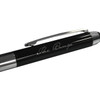 A black dual ballpoint stylus pen with a shiny silver clip, featuring a branding logo.