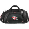 A black duffel bag with multiple compartments, featuring a logo and adjustable shoulder strap.