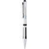 A sleek silver ballpoint stylus with black grip sections and a logo on the side.