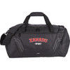 A black duffle bag with red accents and a logo, featuring multiple compartments and shoulder straps.