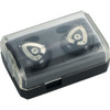 True wireless Bluetooth earbuds in a transparent charging case, featuring a black and silver design.