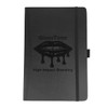 A black pocket-bound journal with an elastic band and an embossed logo on the cover.