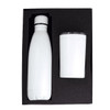 A drink bottle and tumbler gift set in white, presented in a black gift box with foam insert.