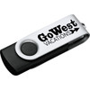 A black and silver USB flash drive featuring a logo.