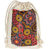 A cream drawstring bag featuring an Indigenous Australian print with vibrant red, yellow, and black floral designs.