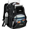 A black backpack with multiple compartments, featuring a drink bottle holder, tablets, notebooks, and a logo.