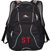 A black backpack with multiple compartments and a logo, featuring mesh straps and red lettering.