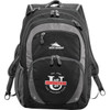 A black and grey backpack featuring multiple compartments and a logo on the front.