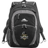 A black and grey High Sierra Overtime Fly-By 17" backpack with multiple compartments and a logo on the front.