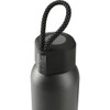 A drink bottle in matte black with a lid featuring a textured grip and a black rope handle. It has a logo.