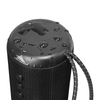 A black outdoor Bluetooth speaker with a textured surface, featuring water droplets and a carrying strap.