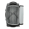 A wheeled duffel bag in grey with an unzipped interior, featuring straps and a side compartment.