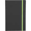 A black journal with a bright green elastic band, featuring a logo on the front cover.