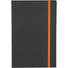 A black journal with an orange elastic band, featuring a logo on the cover.