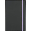 A black journal with a lavender elastic band. It features a simple design suitable for office use.