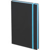 A black journal with a blue elastic band, featuring a plain cover and a contrasting inner colour.