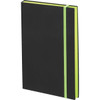 A black journal book with a green elastic band and trim, featuring a minimalist design.