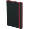 A black journal with a red spine and elastic band for closure, featuring a simple design and a logo.