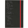 A black journal with embossed animal designs and a bright red elastic band.