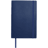 A soft-bound journal in navy blue, featuring an elastic closure and a ribbon bookmark, with a logo on the cover.
