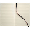A soft-bound journal with lined pages and a black ribbon bookmark, featuring a minimalist design.